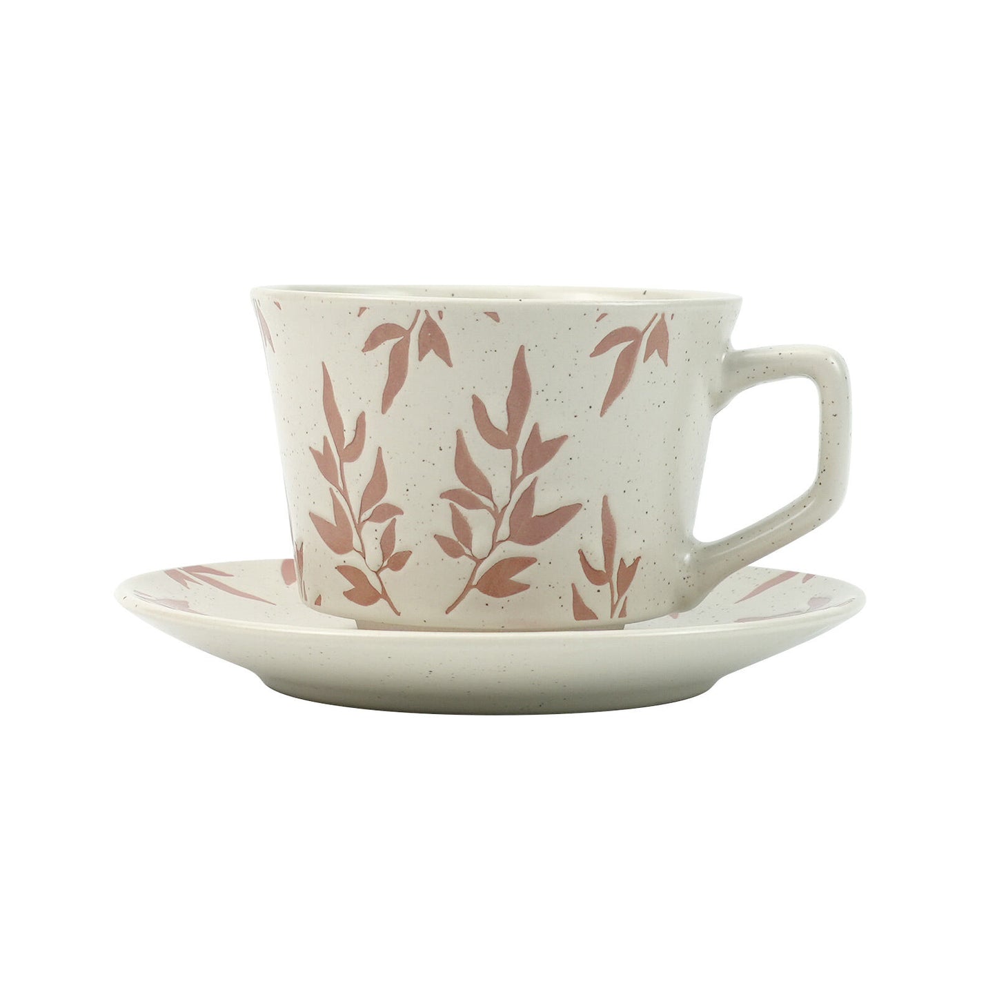 High-Fired Ceramic Stoneware Cup & Saucer Set – 380ml | Floral Earthy Red