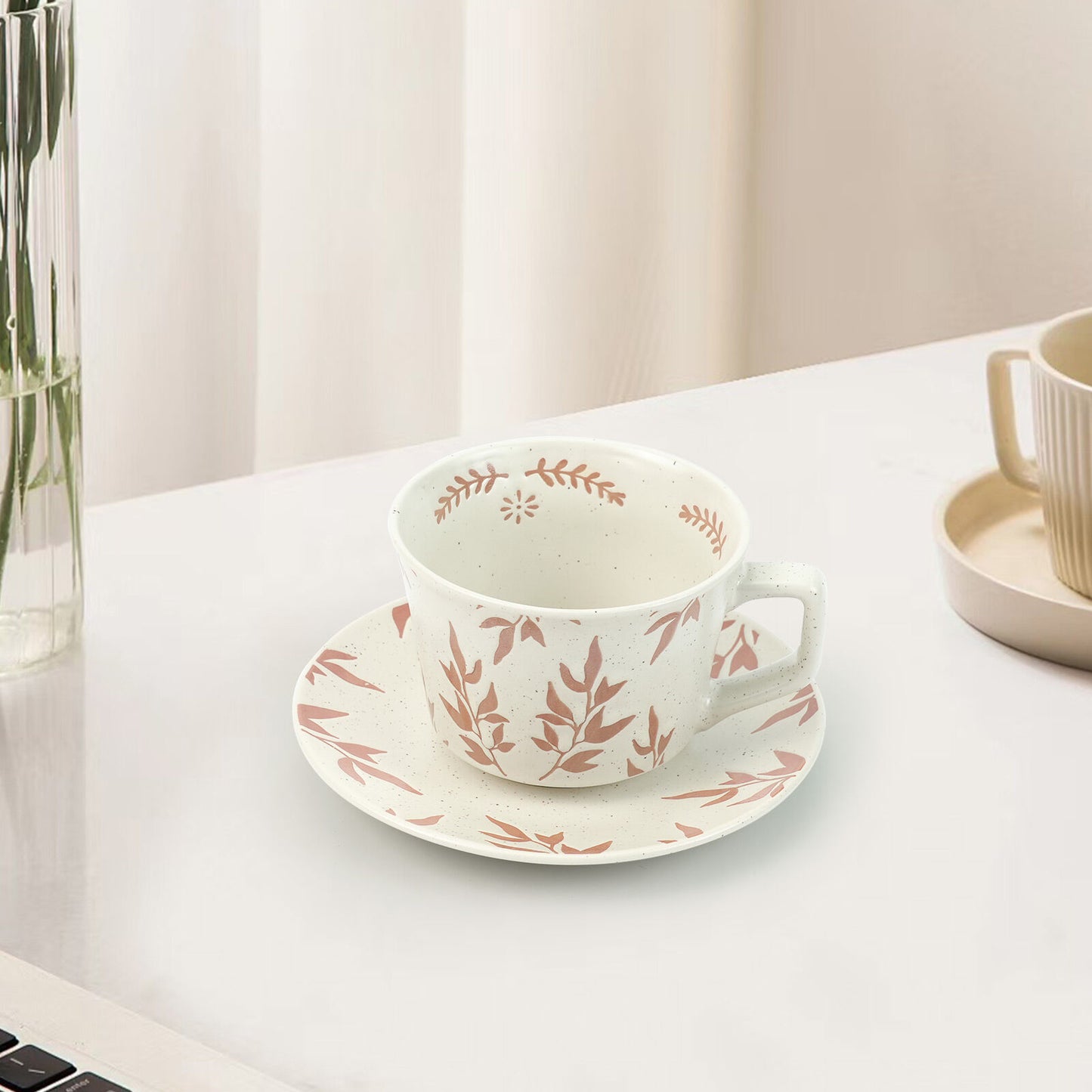 High-Fired Ceramic Stoneware Cup & Saucer Set – 380ml | Floral Earthy Red