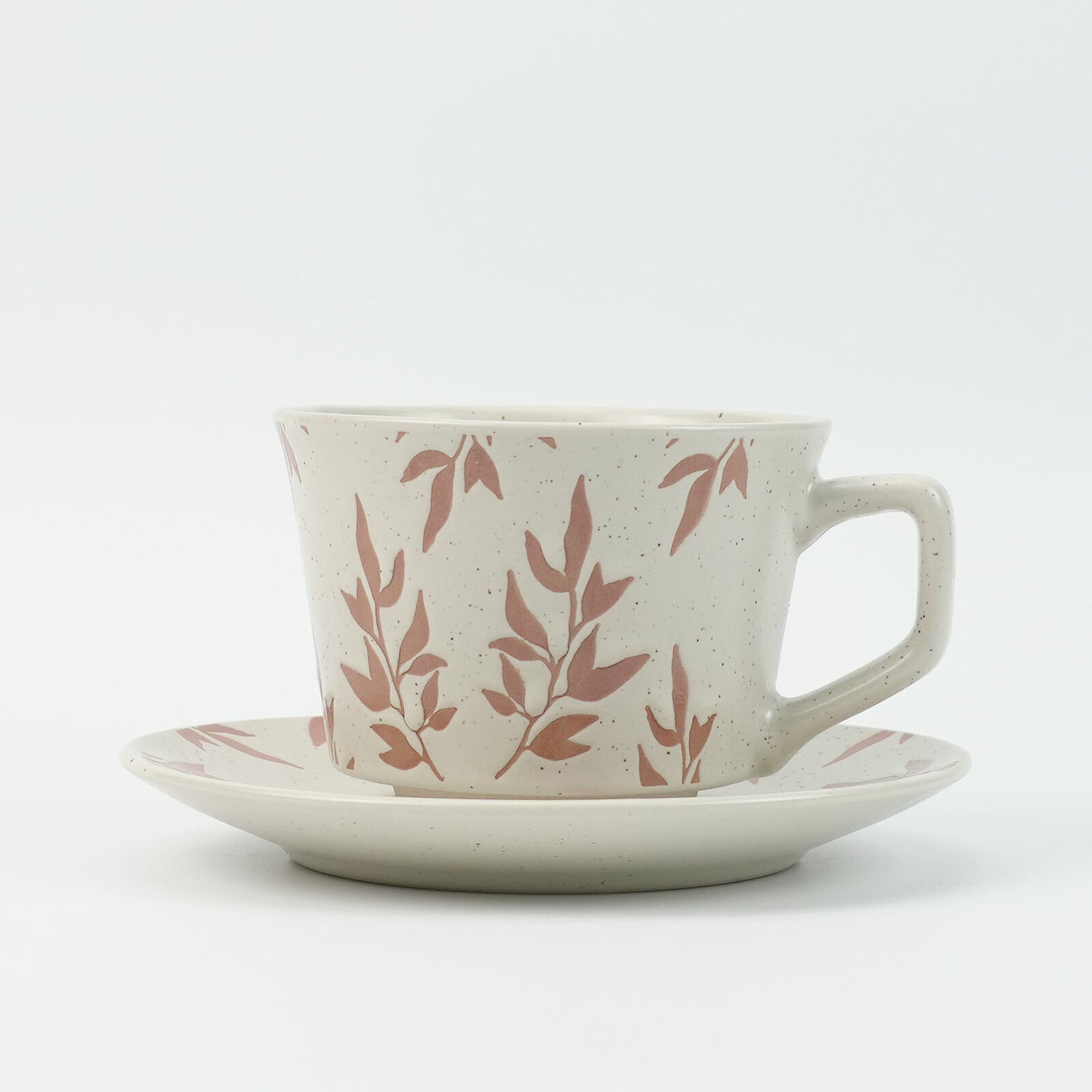 High-Fired Ceramic Stoneware Cup & Saucer Set – 380ml | Floral Earthy Red