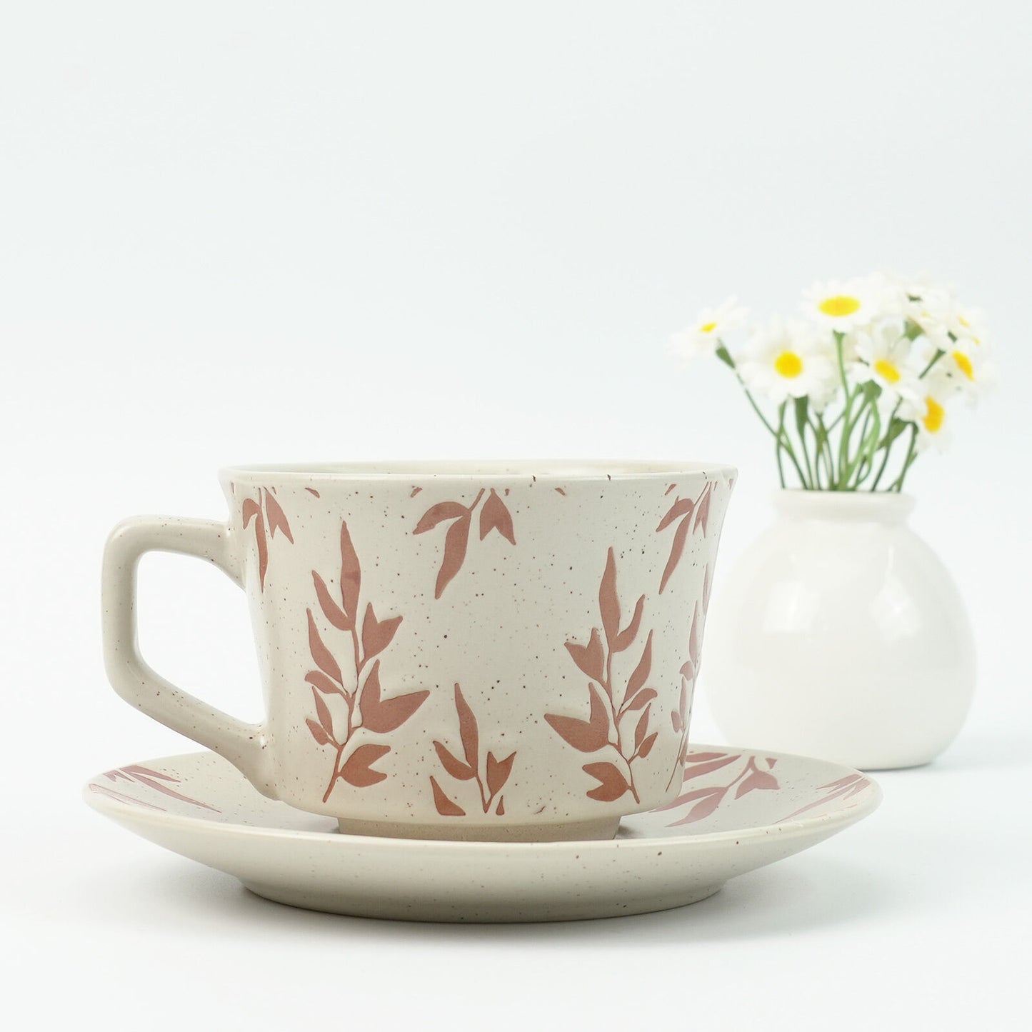 High-Fired Ceramic Stoneware Cup & Saucer Set – 380ml | Floral Earthy Red