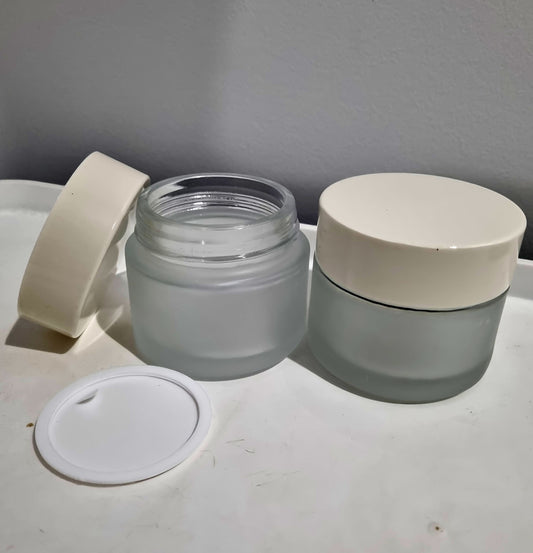 100g Frosted Glass Jar with White Lid – $3.50